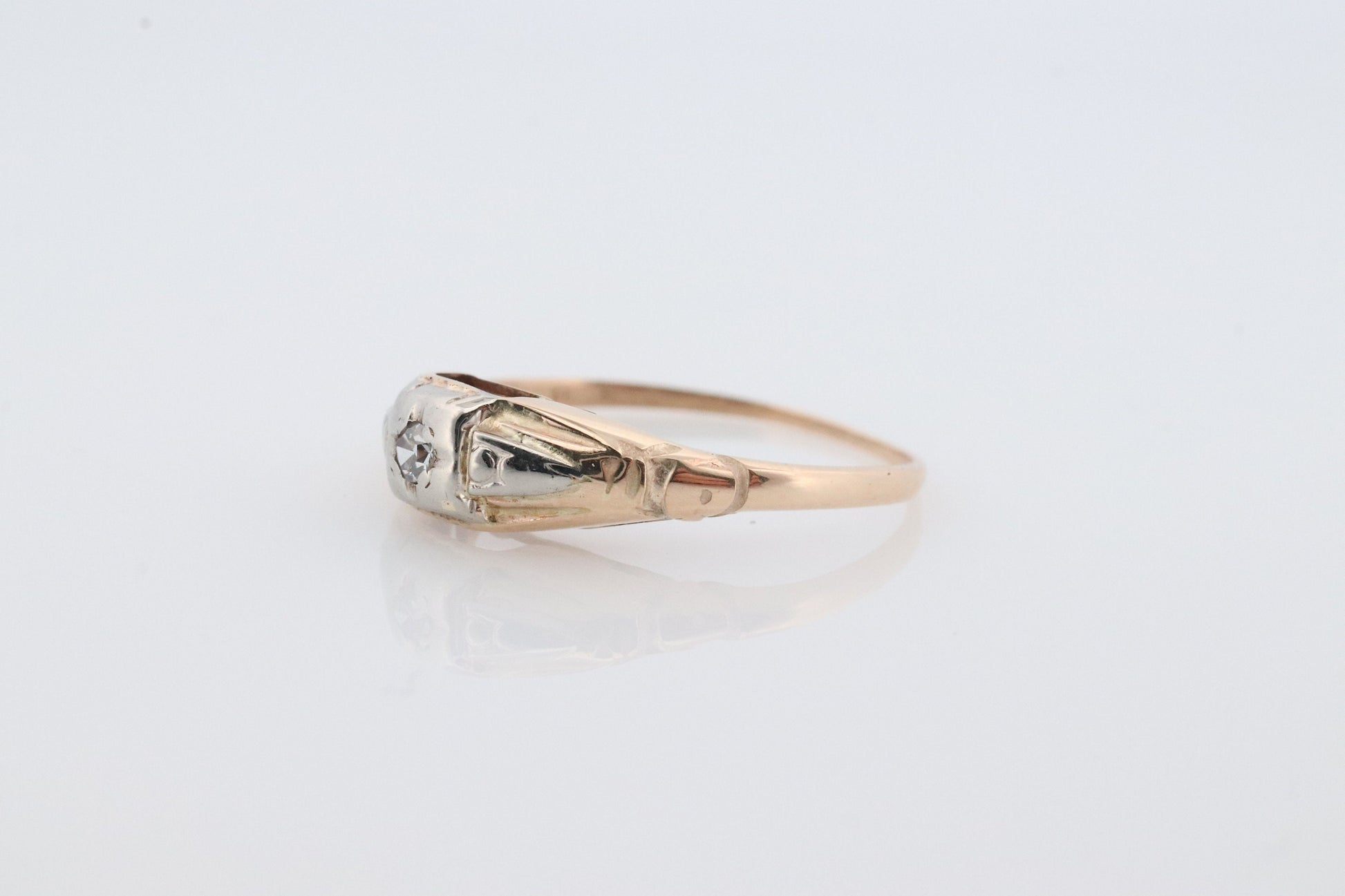 14k Art Deco Diamond ring. 14k Yellow Gold Square cathedral Ring. Engraved Flower.