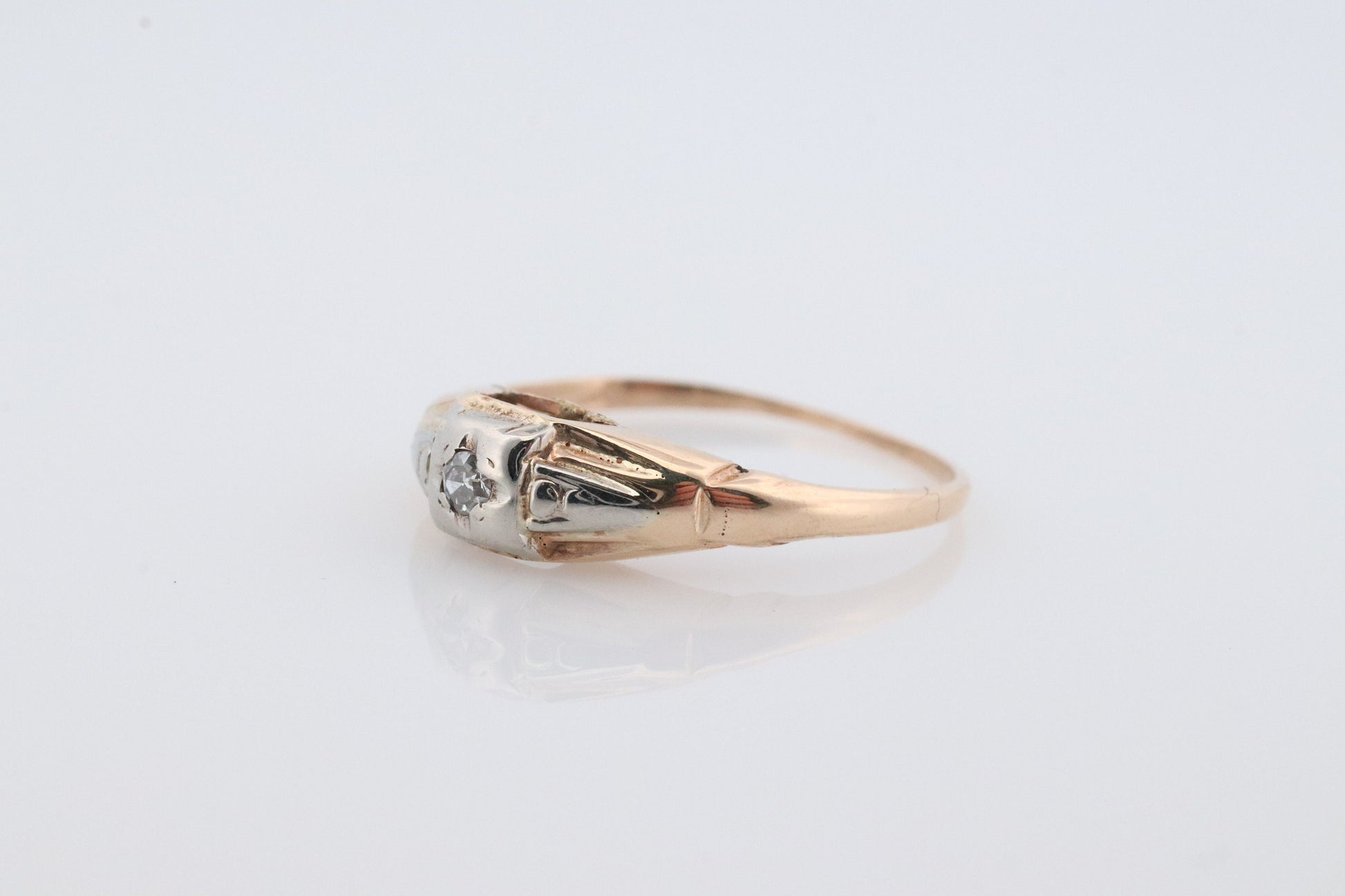 14k Art Deco Diamond ring. 14k Yellow Gold Square cathedral Ring. Engraved Flower.