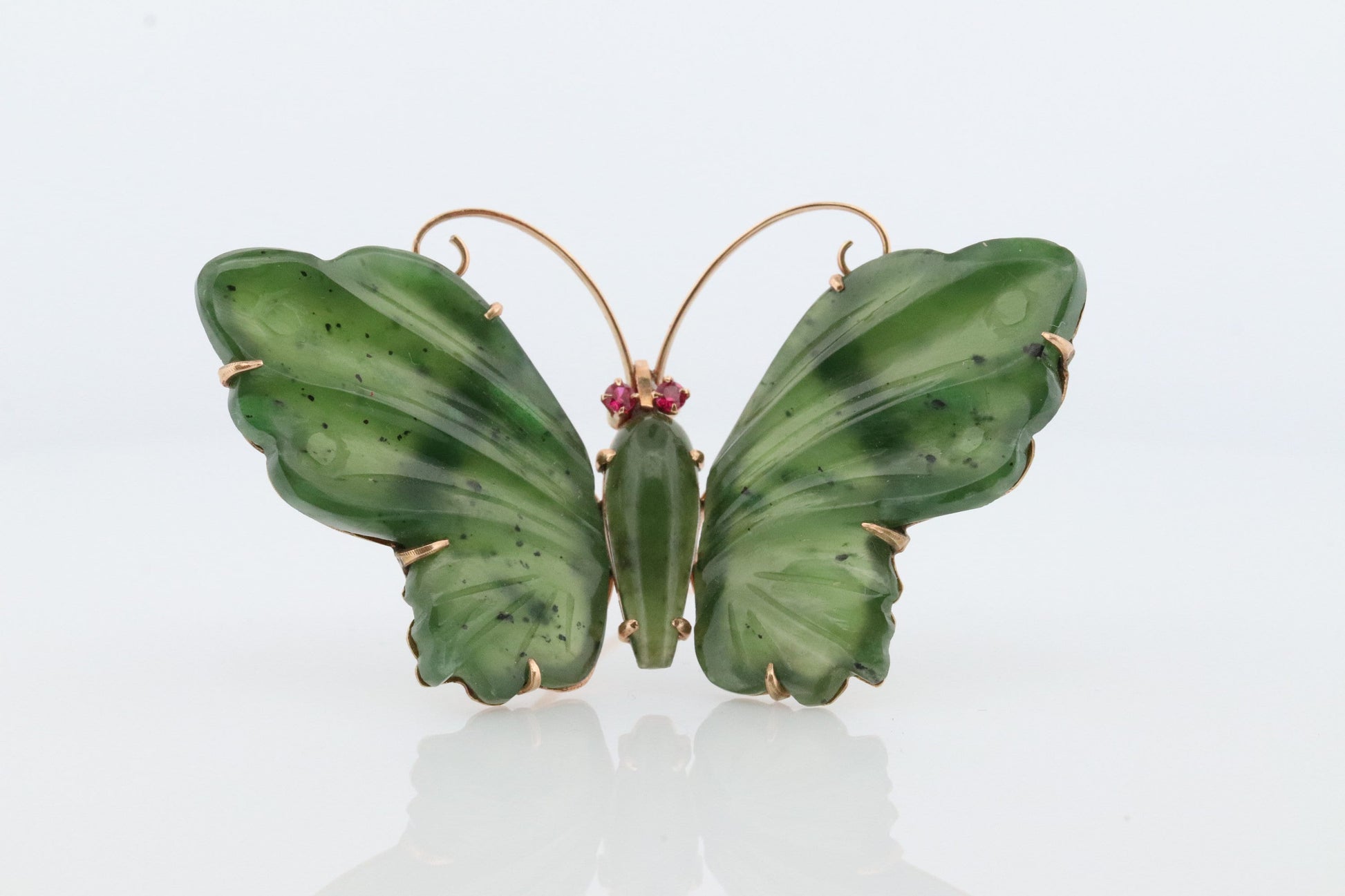 14k Butterfly Brooch. Green Jade Large Butterfly with Ruby Eyes. Natural Jade with Ruby eyes. 14k Jade Butterfly Brooch Pin.