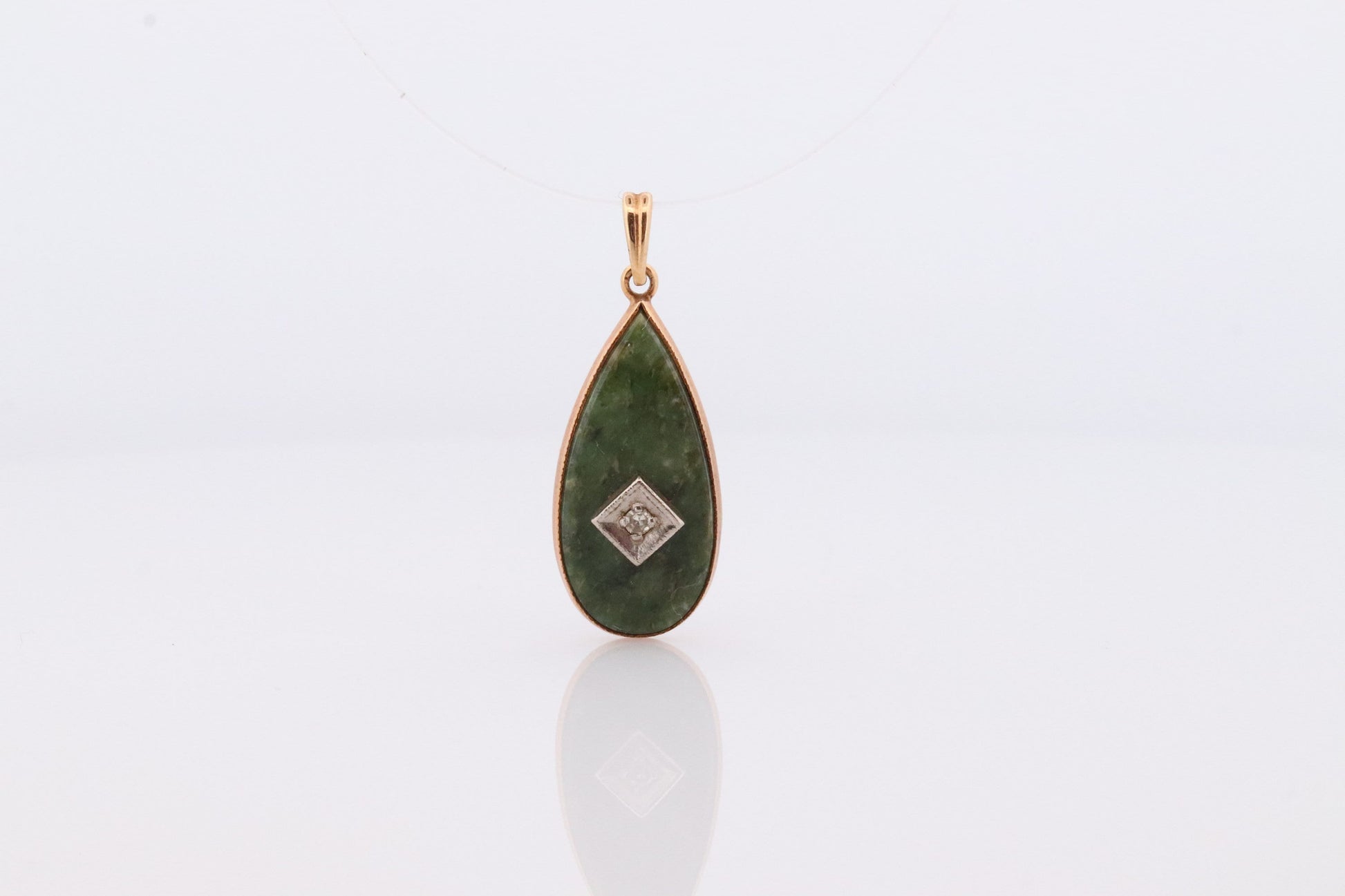 14k Jade and Diamond Pendant. Budlong, Docherty & Armstrong BDA Art Deco Tear Pendant for a necklace. Pear Jade Diamond Pendant.