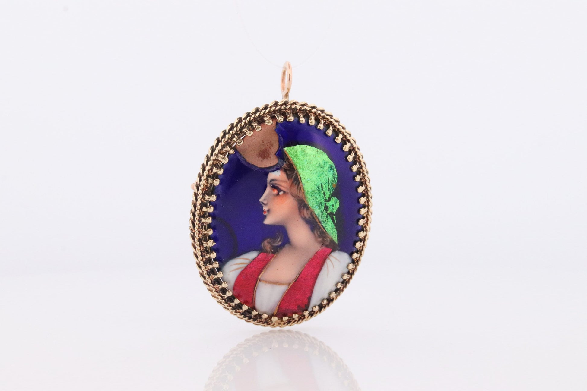 14k French Brooch Pendant. LIMOGES Woman portrait Enamel with 14k Yellow Gold Border. French Paillon.