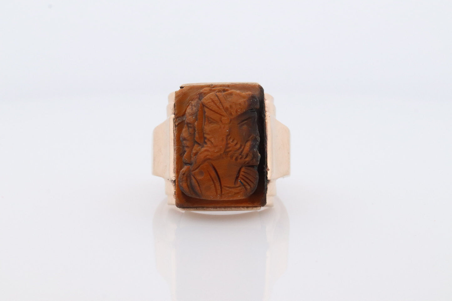 10k Tiger Eye Cameo Signet Ring. 10k rose gold Heavy Carved Warrior Gents or Mens ring.