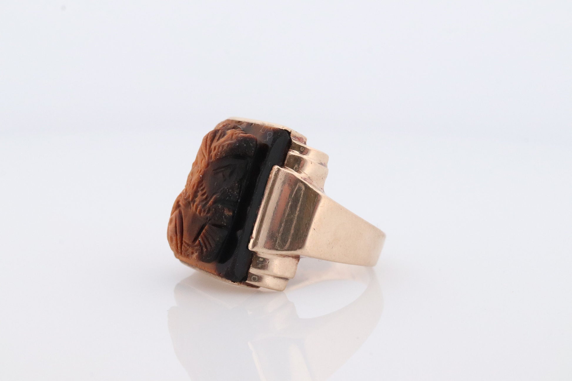 10k Tiger Eye Cameo Signet Ring. 10k rose gold Heavy Carved Warrior Gents or Mens ring.