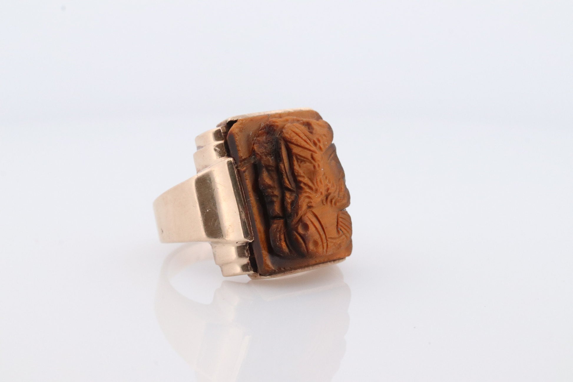 10k Tiger Eye Cameo Signet Ring. 10k rose gold Heavy Carved Warrior Gents or Mens ring.