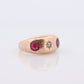 Antique 14k Triple Ruby Diamond signet ring. Gypsy Diamond bezel set into Signet band. 14k Gold Anniversary Three stone band ring