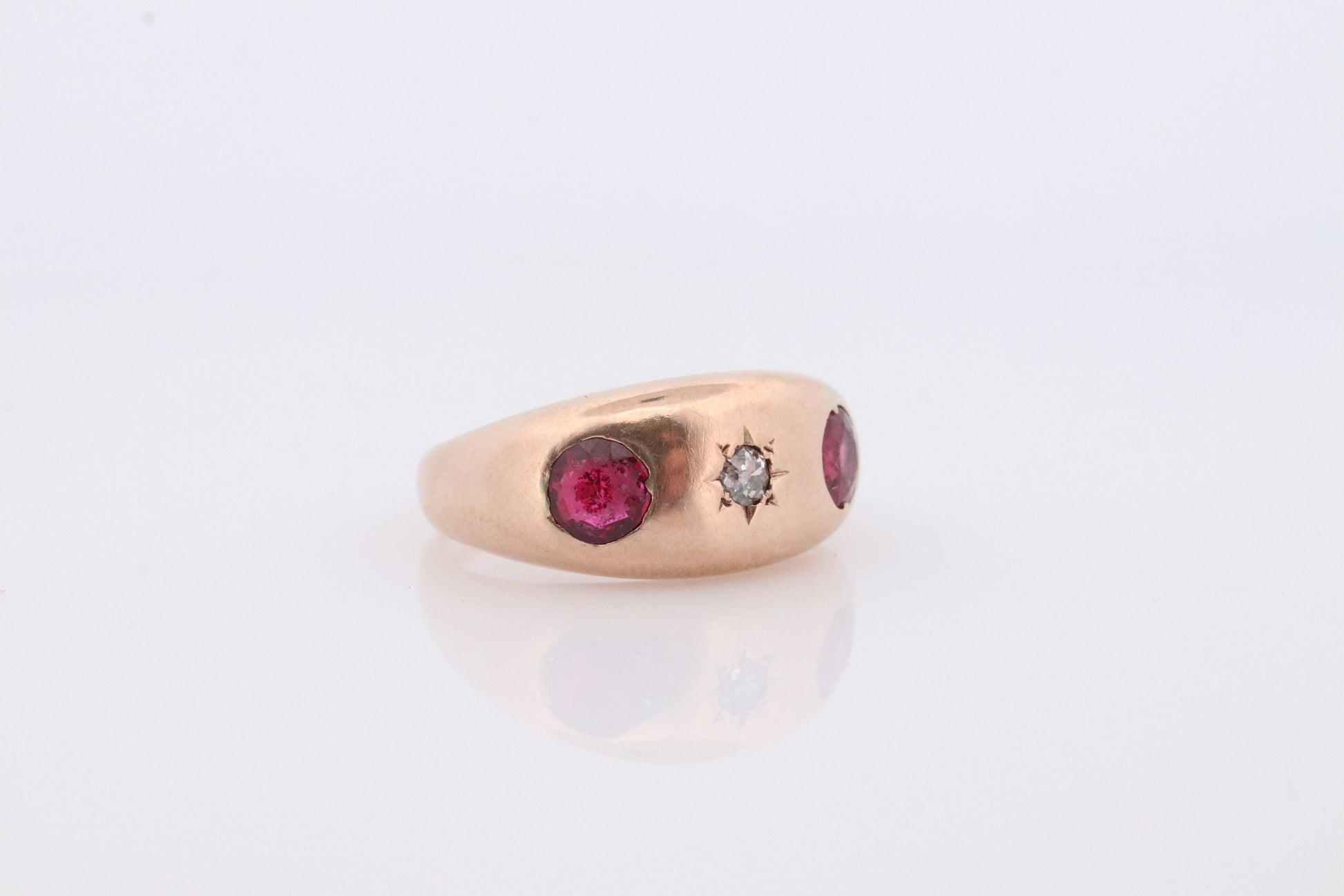 Antique 14k Triple Ruby Diamond signet ring. Gypsy Diamond bezel set into Signet band. 14k Gold Anniversary Three stone band ring