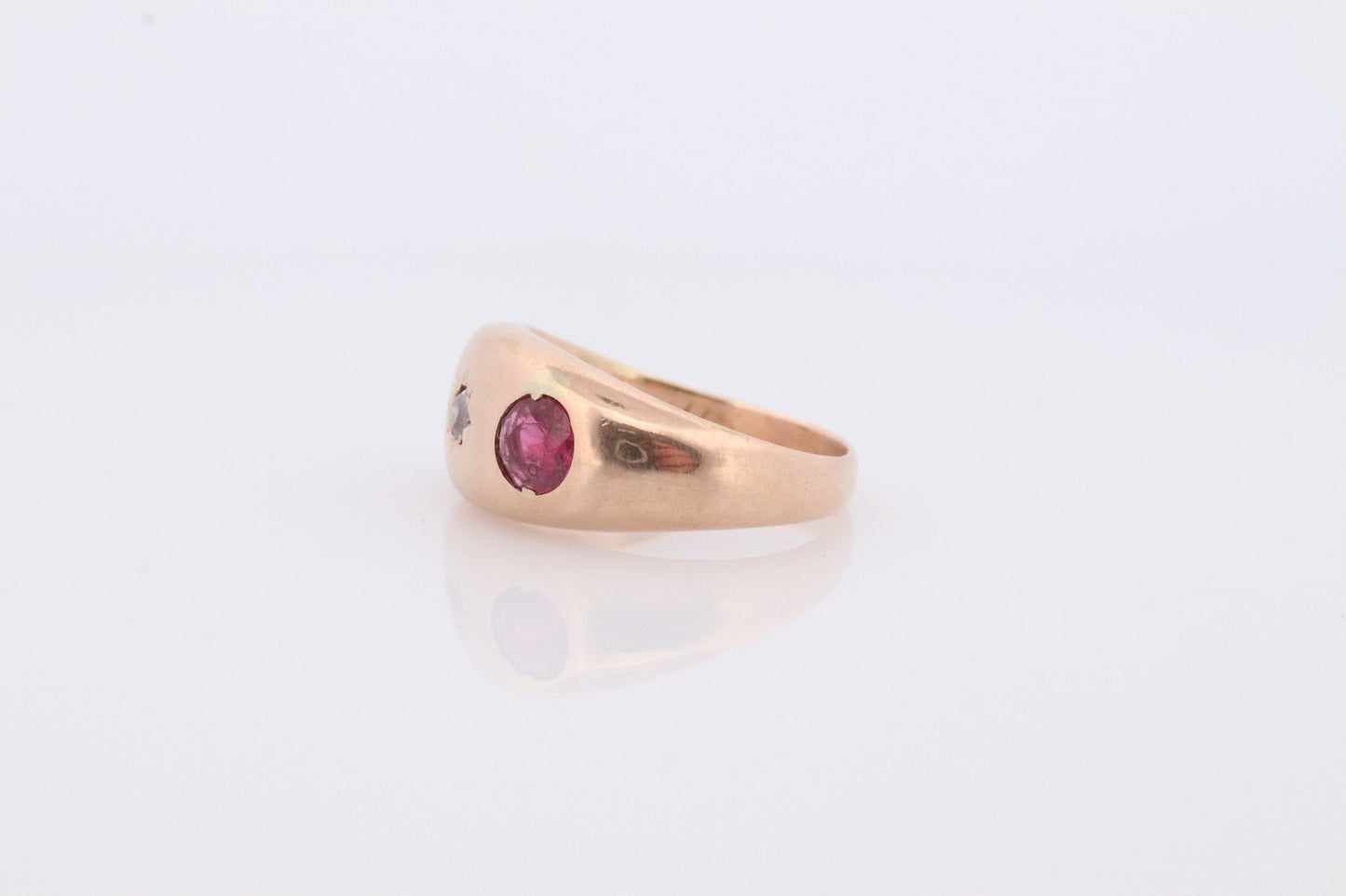 Antique 14k Triple Ruby Diamond signet ring. Gypsy Diamond bezel set into Signet band. 14k Gold Anniversary Three stone band ring