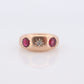 Antique 14k Triple Ruby Diamond signet ring. Gypsy Diamond bezel set into Signet band. 14k Gold Anniversary Three stone band ring