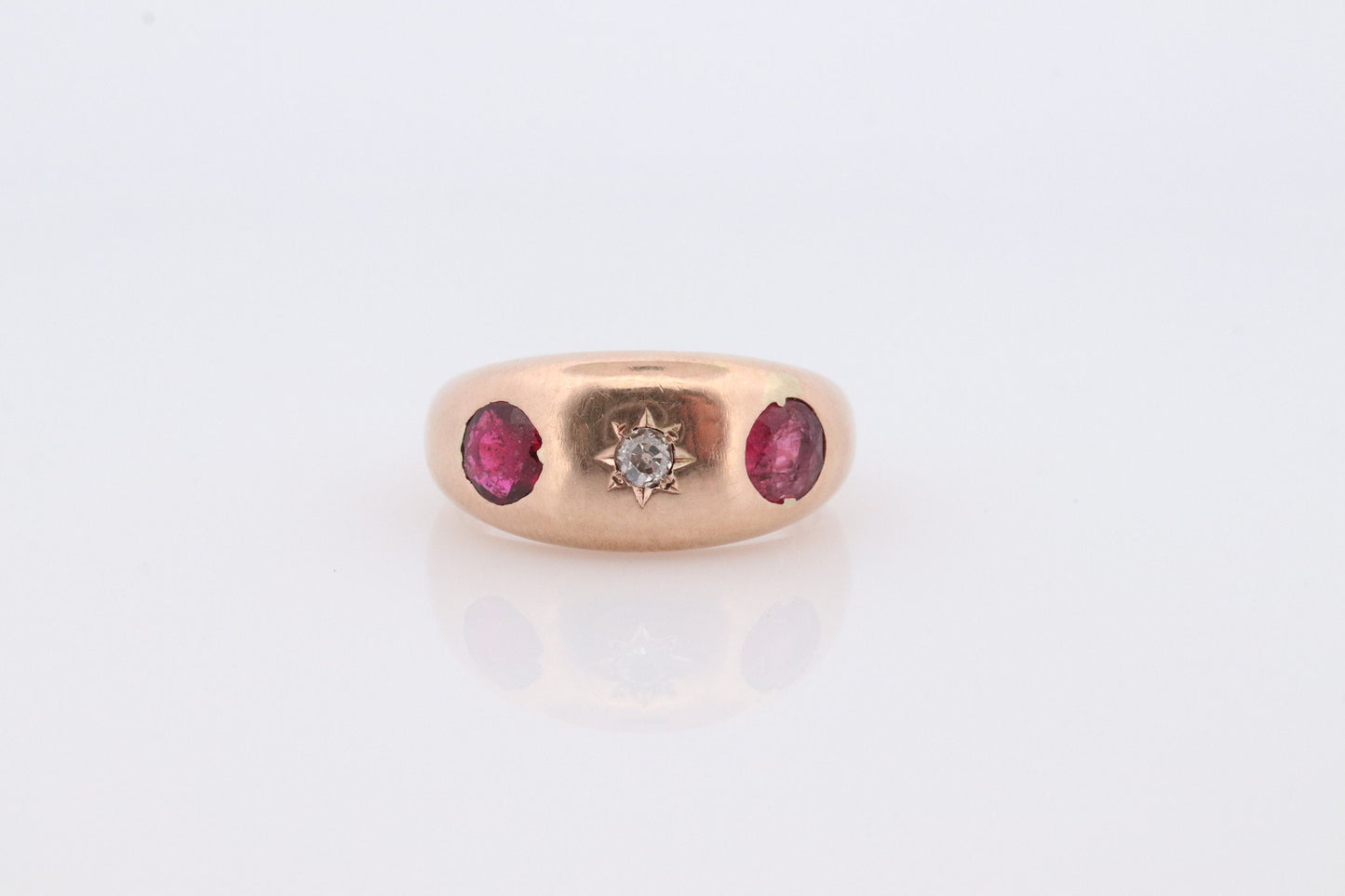 Antique 14k Triple Ruby Diamond signet ring. Gypsy Diamond bezel set into Signet band. 14k Gold Anniversary Three stone band ring