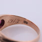 Antique 14k Triple Ruby Diamond signet ring. Gypsy Diamond bezel set into Signet band. 14k Gold Anniversary Three stone band ring