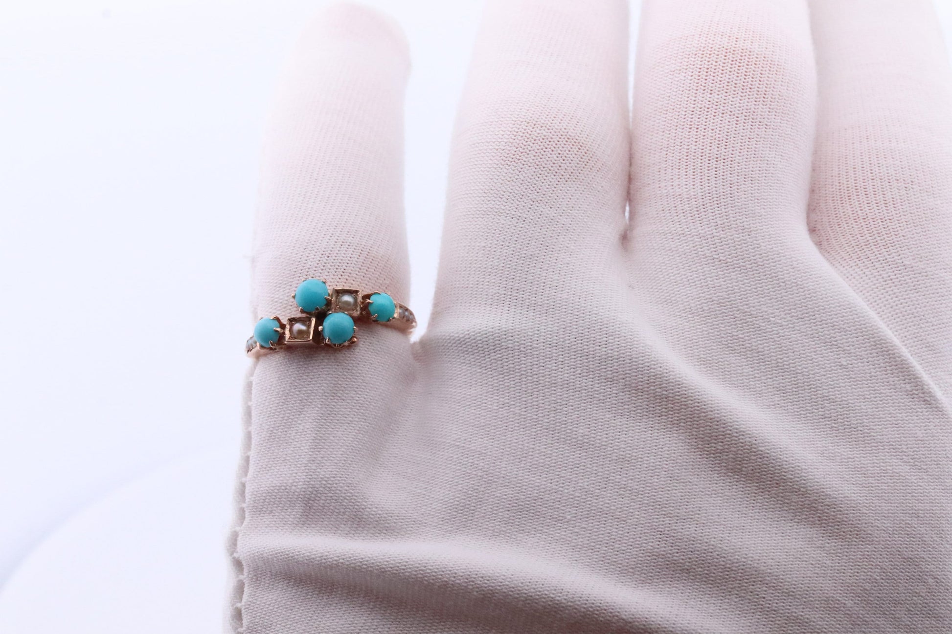 Victorian 10k Turquoise Cabochon and Pearl Seed Ring. 10k Victorian ornate Bypass embossed bezel ring.