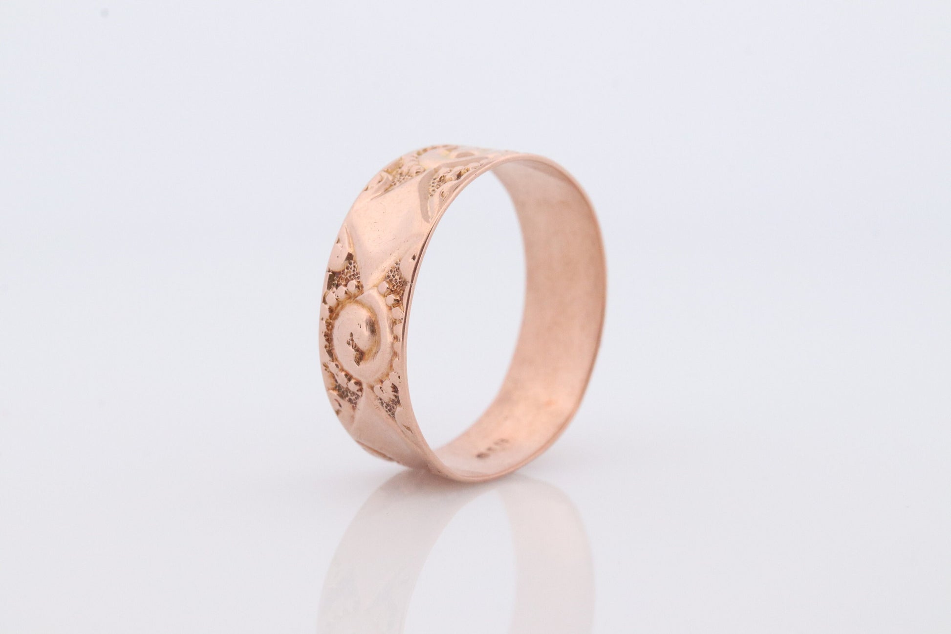 10k Ostby Barton Cigar Band. 10k Rose Gold Embossed Design wide ring. OB from Art Deco 1920 Era. Wide Fit Band.