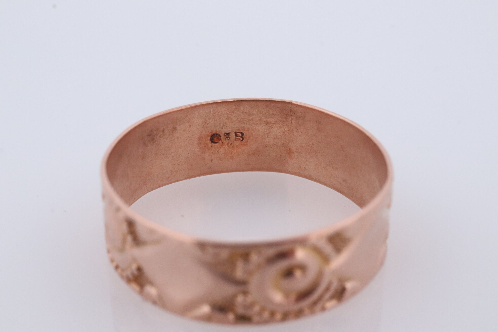 10k Ostby Barton Cigar Band. 10k Rose Gold Embossed Design wide ring. OB from Art Deco 1920 Era. Wide Fit Band.