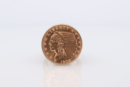 14k Gold ring with a 22K 2.5 Dollar 1908 Indian Chief Head Coin bezel set. Bezel set Signet Coin ring.