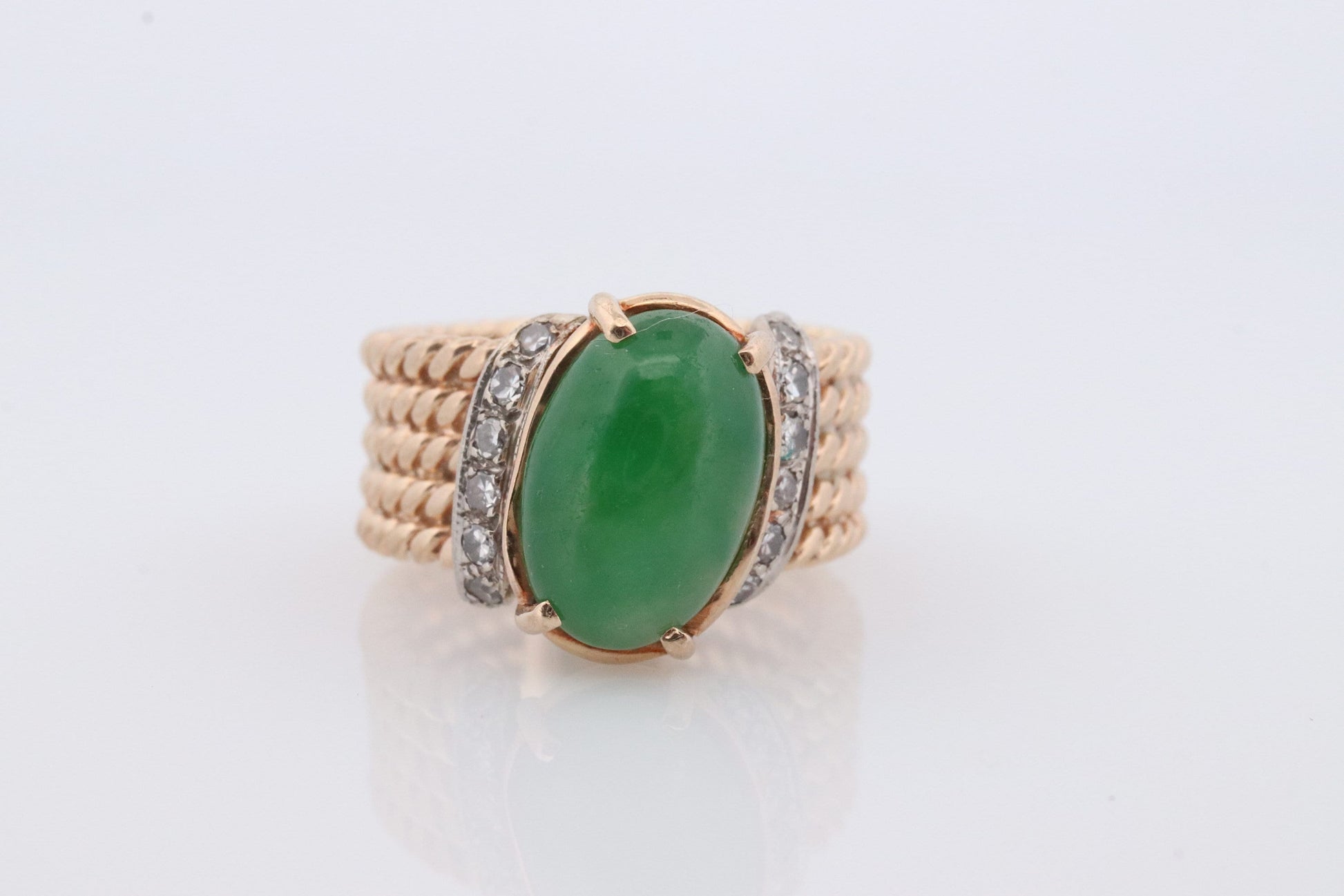 14k Apple Jade Diamond ring. Jade Cabochon Prong set ring. Accented with Diamonds Very rare Jade Signet ring. Heavy band.