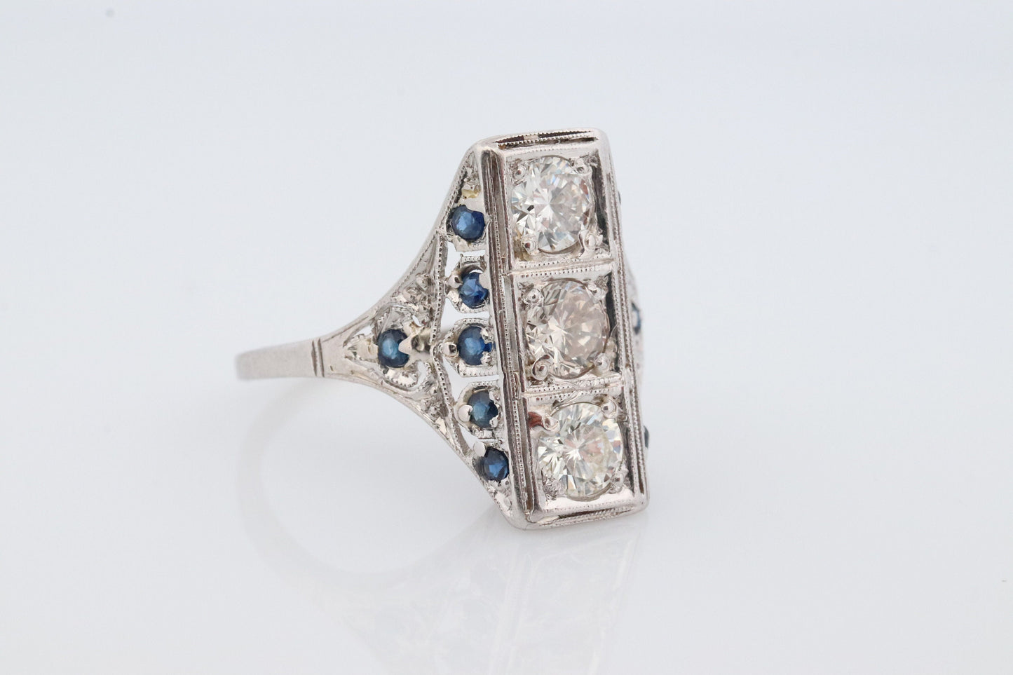 Antique 18k Triple Diamond ring. Trilogy Trio diamond ring. Sapphire and Diamond Shield ring. Filigree design.