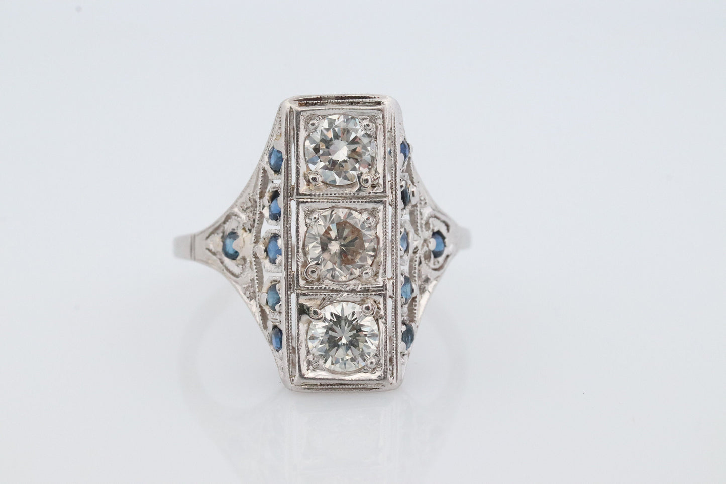 Antique 18k Triple Diamond ring. Trilogy Trio diamond ring. Sapphire and Diamond Shield ring. Filigree design.