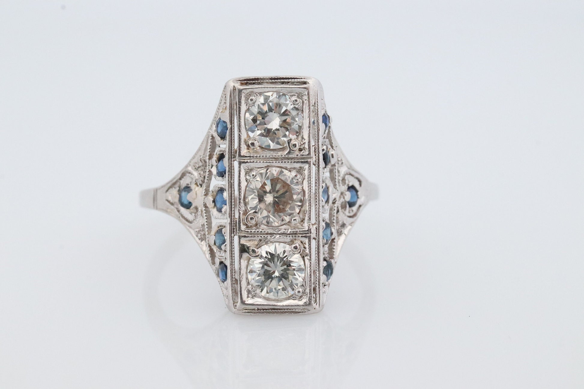 Antique 18k Triple Diamond ring. Trilogy Trio diamond ring. Sapphire and Diamond Shield ring. Filigree design.