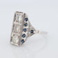 Antique 18k Triple Diamond ring. Trilogy Trio diamond ring. Sapphire and Diamond Shield ring. Filigree design.