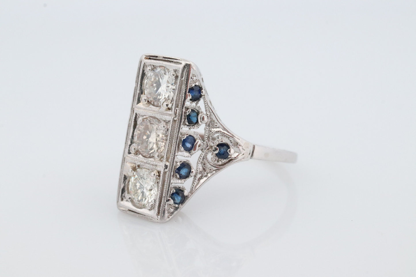 Antique 18k Triple Diamond ring. Trilogy Trio diamond ring. Sapphire and Diamond Shield ring. Filigree design.