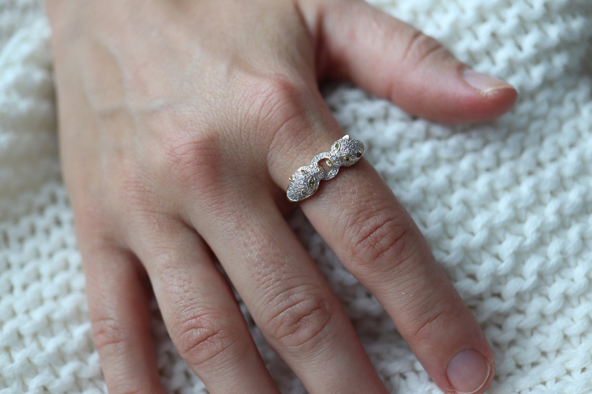 14k Panther Leopard Jaguar Cheetah Diamond ring. Encrusted with Diamond Double Pouncing Panther Circle band.