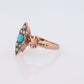 Victorian 10k Turquoise Cabochon and Pearl Seed Ring. 10k Victorian ornate Vine embossed bezel ring. Navette antique ring.