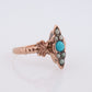 Victorian 10k Turquoise Cabochon and Pearl Seed Ring. 10k Victorian ornate Vine embossed bezel ring. Navette antique ring.