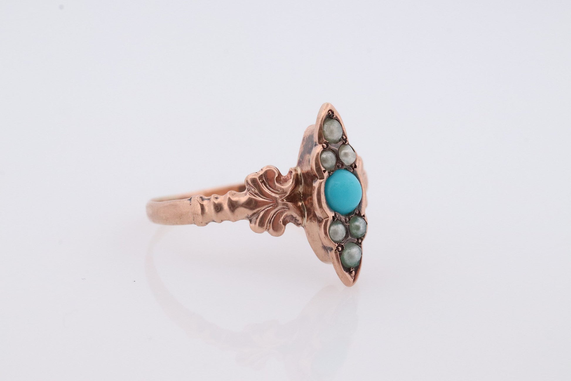 Victorian 10k Turquoise Cabochon and Pearl Seed Ring. 10k Victorian ornate Vine embossed bezel ring. Navette antique ring.