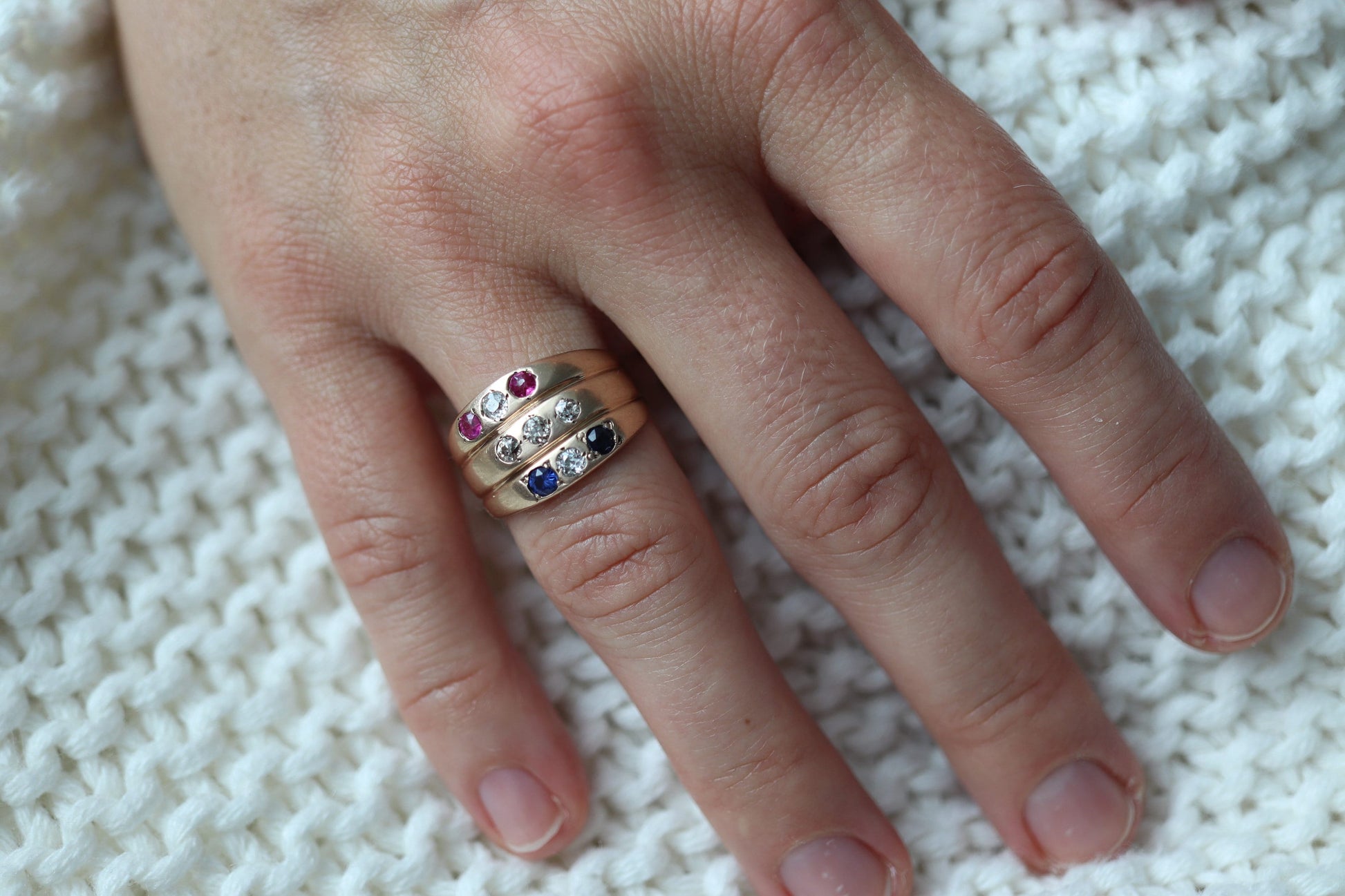 Antique 10k Triple Band Ruby Sapphire Diamond ring. Gypsy Diamond bezel set into band. 14k Gold Starburst Sapphire Ruby Diamond band ring