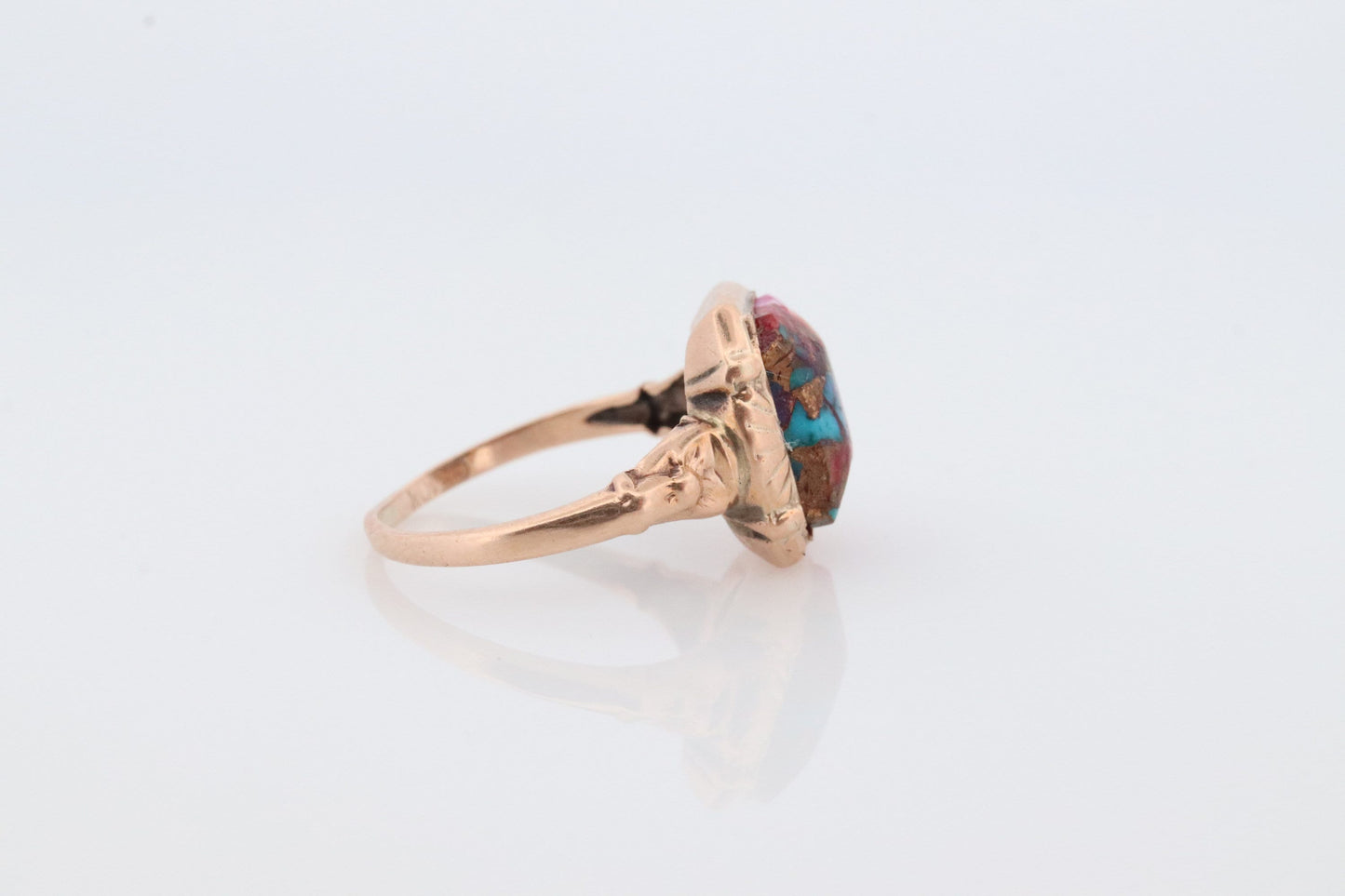 10k DAHLIA Cabochon ring. Copper Vein Turquoise and Oyster collage gem. Dahlia multi color gem.