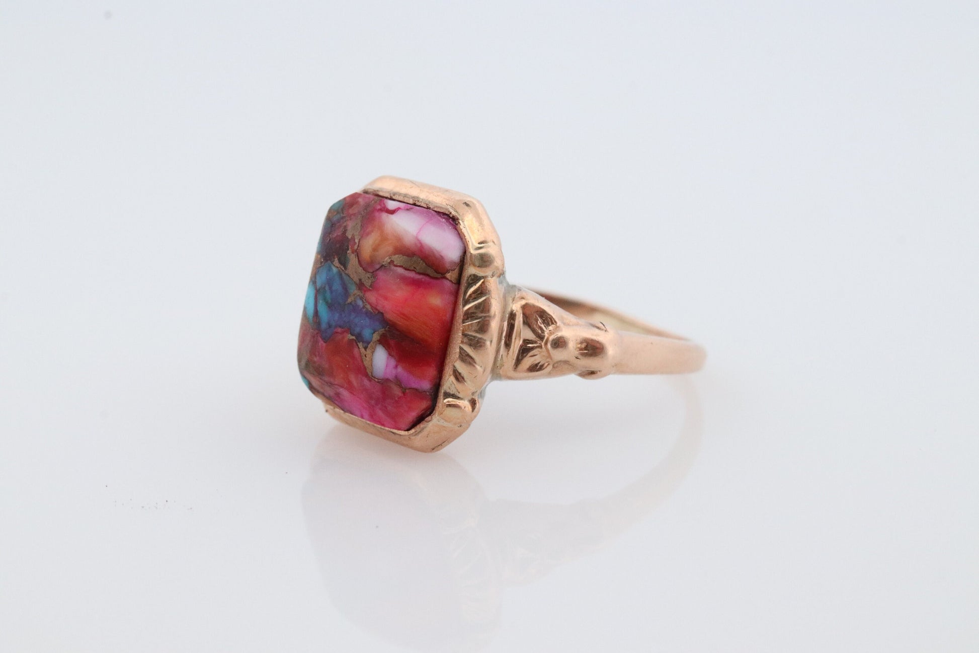 10k DAHLIA Cabochon ring. Copper Vein Turquoise and Oyster collage gem. Dahlia multi color gem.