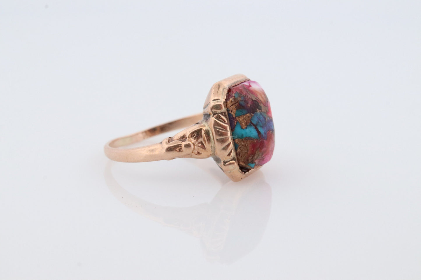 10k DAHLIA Cabochon ring. Copper Vein Turquoise and Oyster collage gem. Dahlia multi color gem.