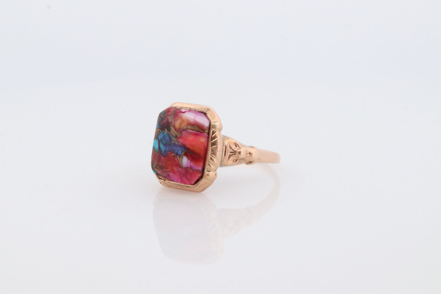 10k DAHLIA Cabochon ring. Copper Vein Turquoise and Oyster collage gem. Dahlia multi color gem.