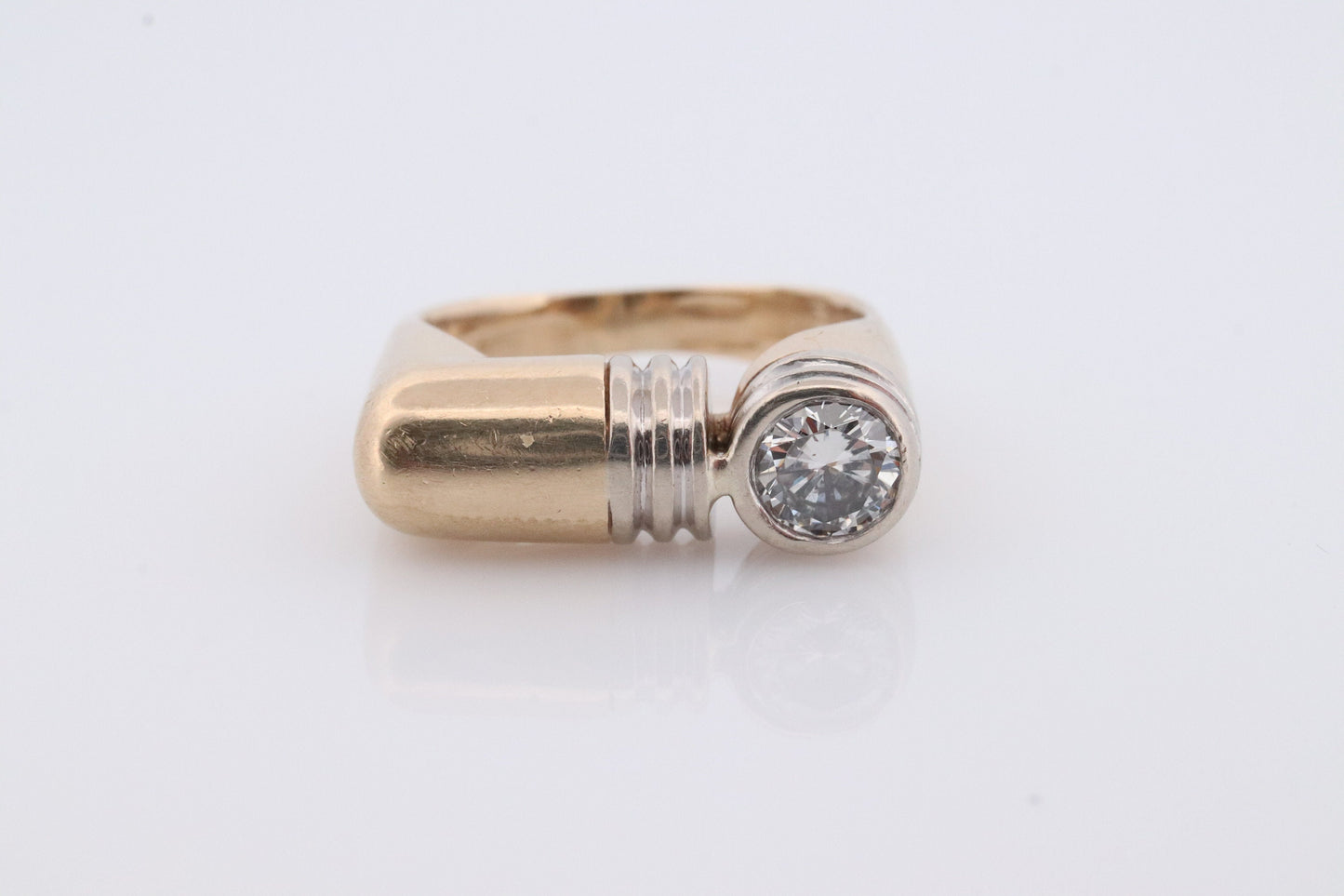 14k Diamond Solitaire Flat signet ring. 0.60ct Diamond bezel set into Signet band. Pinky ring. Large Diamond Solitaire.