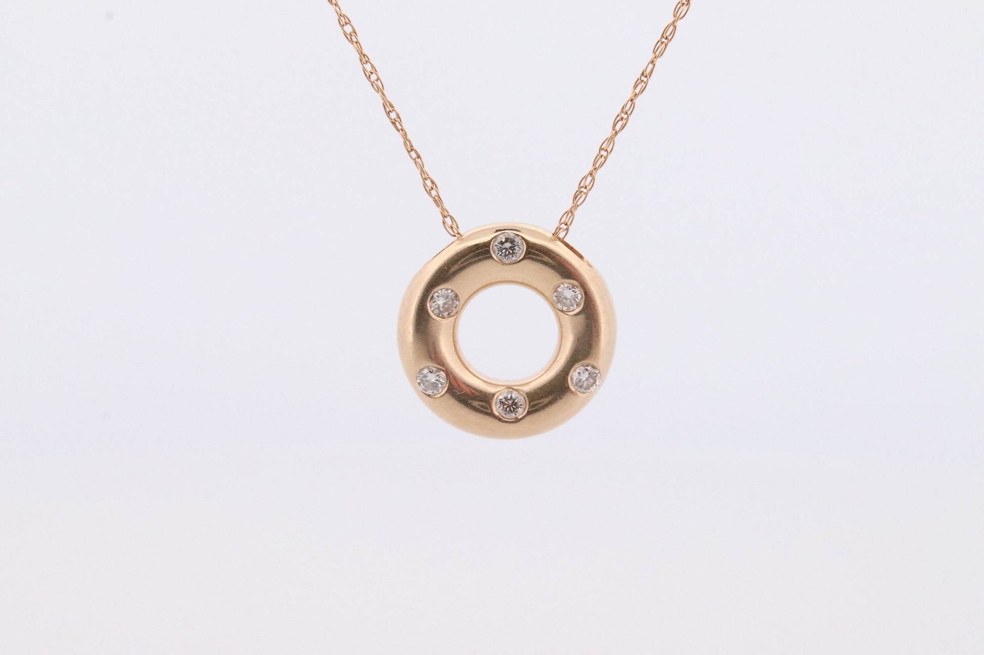 14K Diamond Circle of Life, Open Circle, Eternity Circle Diamond Pendant. Etoile Bezel Set Diamond Donut Disk Pendant Necklace.