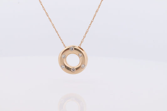 14K Diamond Circle of Life, Open Circle, Eternity Circle Diamond Pendant. Etoile Bezel Set Diamond Donut Disk Pendant Necklace.