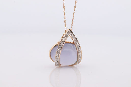 14k Chalcedony Cabochon Diamond Pendant. Necklace with tiny diamonds and Lavender Chalcedony Calcedony