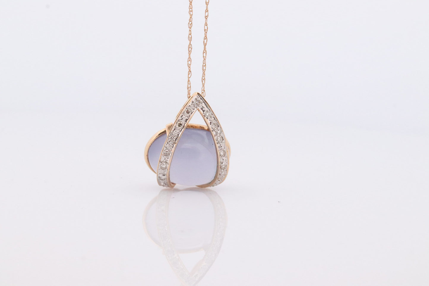 14k Chalcedony Cabochon Diamond Pendant. Necklace with tiny diamonds and Lavender Chalcedony Calcedony