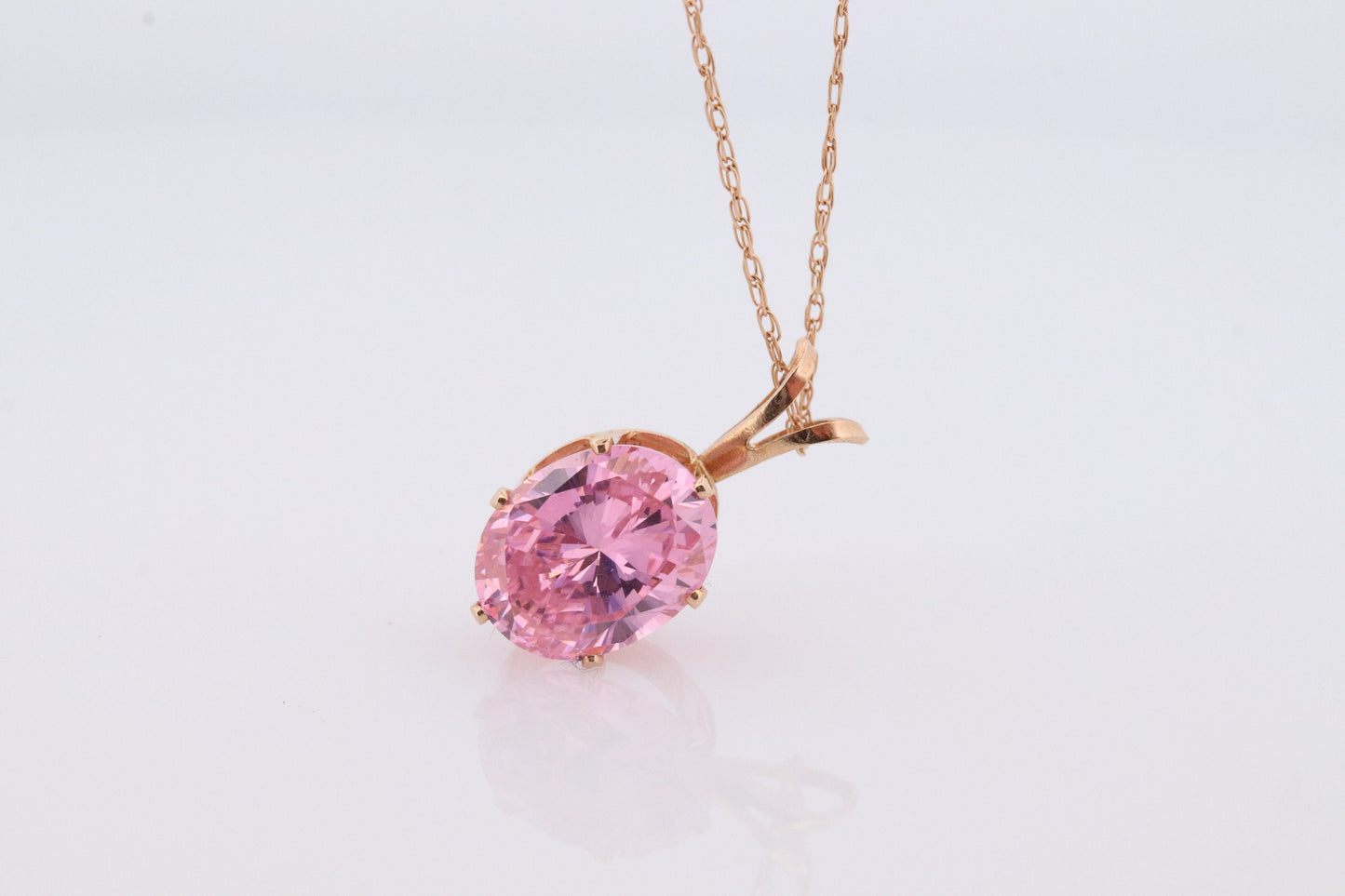 10k PINK peach Diamond(CZ) Solitaire Pendant. 18in Chain Necklace. 10k Large Light Pink oval CZ pendant Gift. st(42)