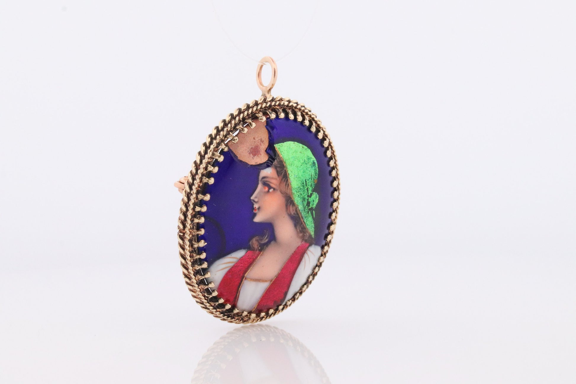 14k French Brooch Pendant. LIMOGES Woman portrait Enamel with 14k Yellow Gold Border. French Paillon.