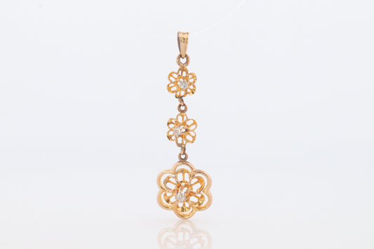 Antique Diamond pendant Buttercup setting. 14k Gold Triple diamond set buttercup. Art nouveau era.