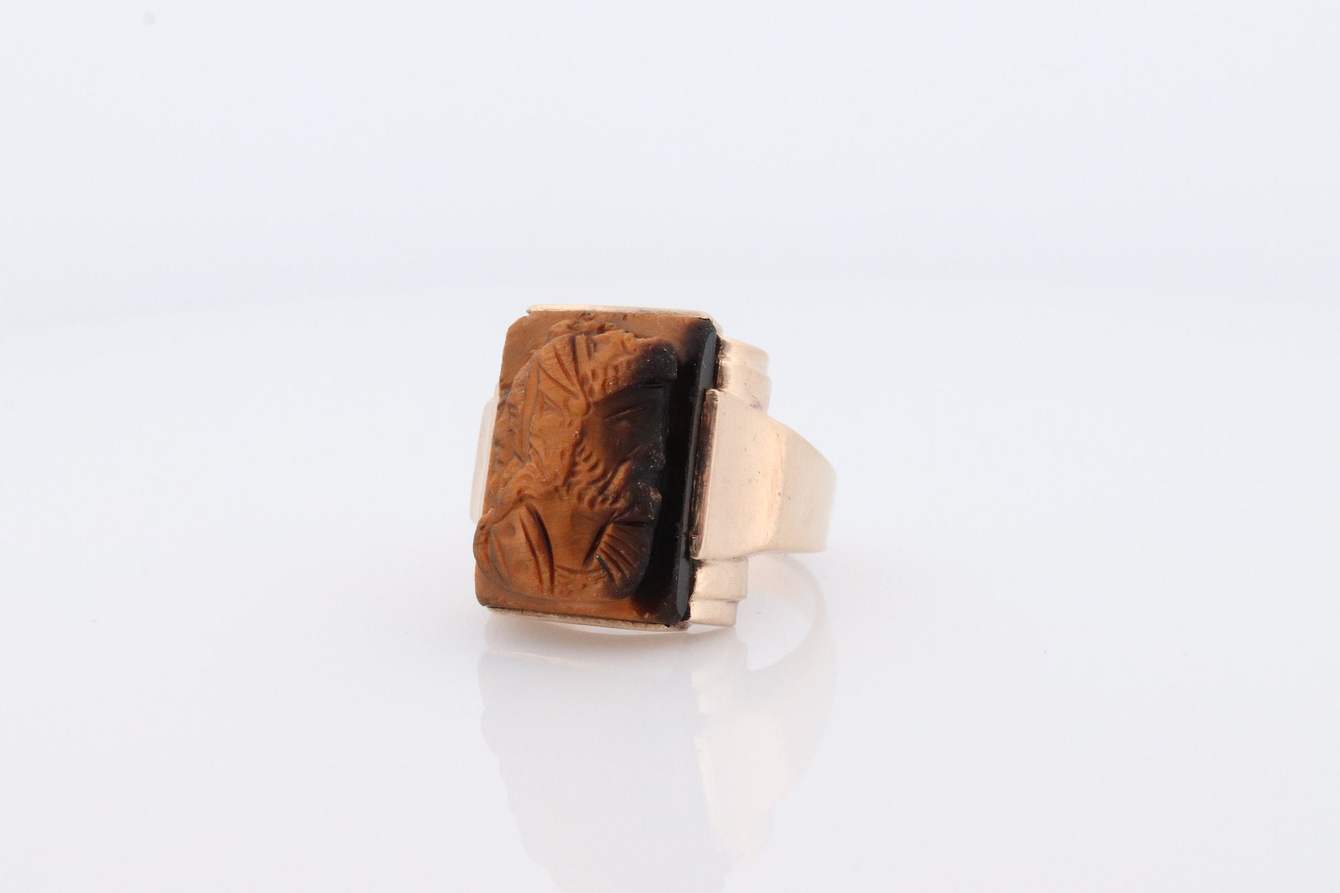 10k Tiger Eye Cameo Signet Ring. 10k rose gold Heavy Carved Warrior Gents or Mens ring.