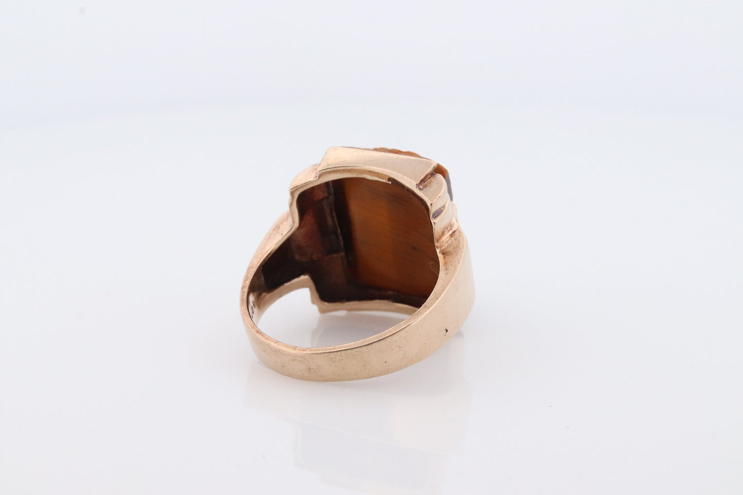 10k Tiger Eye Cameo Signet Ring. 10k rose gold Heavy Carved Warrior Gents or Mens ring.