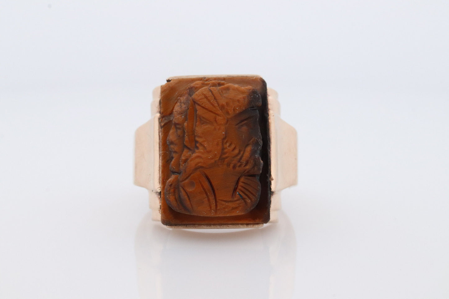 10k Tiger Eye Cameo Signet Ring. 10k rose gold Heavy Carved Warrior Gents or Mens ring.