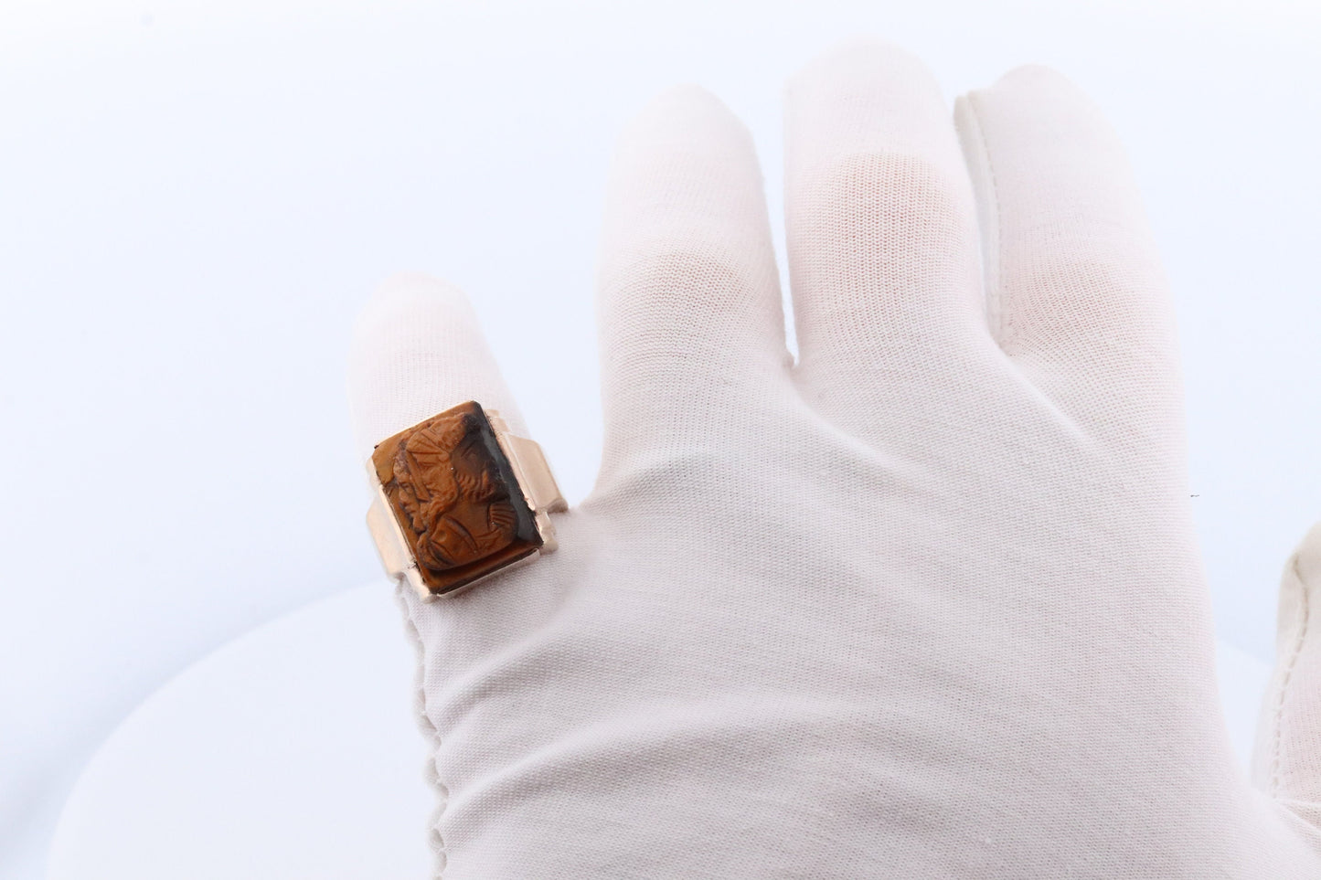 10k Tiger Eye Cameo Signet Ring. 10k rose gold Heavy Carved Warrior Gents or Mens ring.