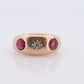 Antique 14k Triple Ruby Diamond signet ring. Gypsy Diamond bezel set into Signet band. 14k Gold Anniversary Three stone band ring