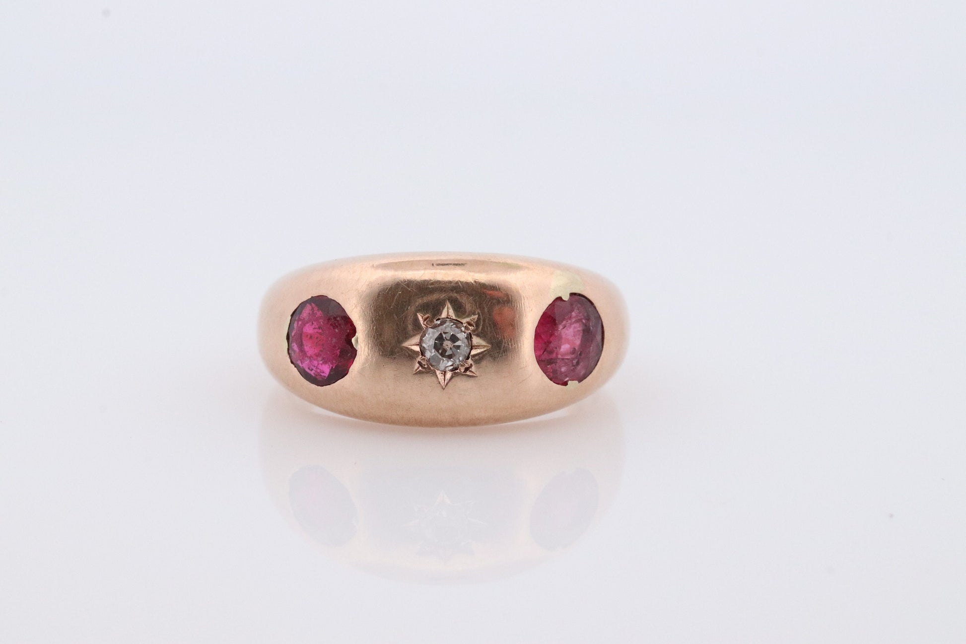 Antique 14k Triple Ruby Diamond signet ring. Gypsy Diamond bezel set into Signet band. 14k Gold Anniversary Three stone band ring