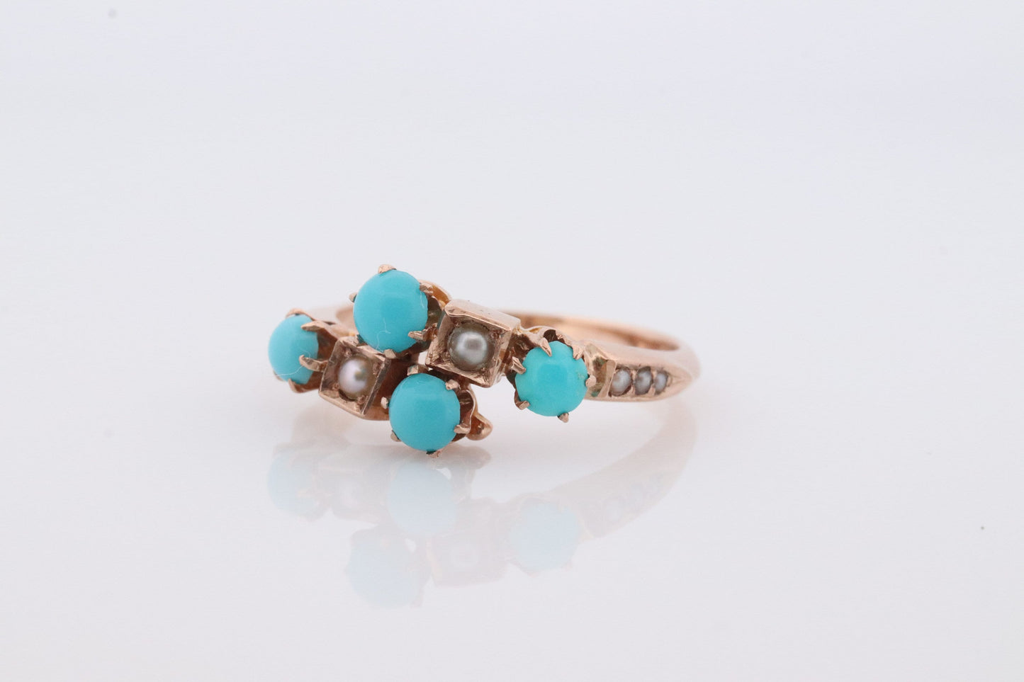 Victorian 10k Turquoise Cabochon and Pearl Seed Ring. 10k Victorian ornate Bypass embossed bezel ring.