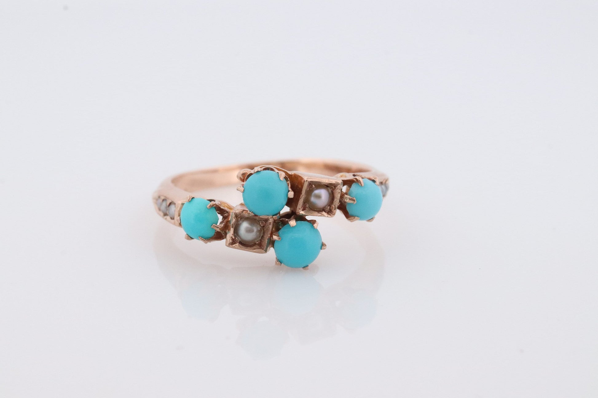 Victorian 10k Turquoise Cabochon and Pearl Seed Ring. 10k Victorian ornate Bypass embossed bezel ring.