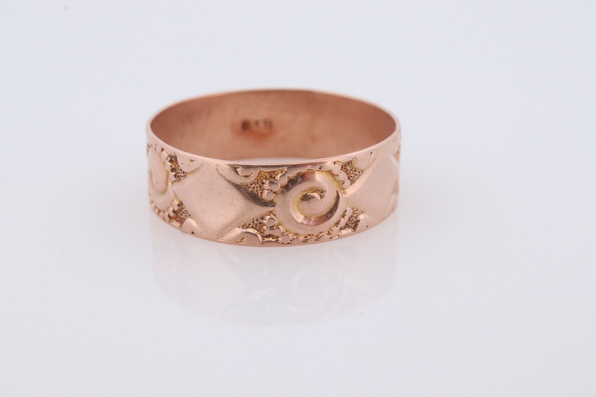 10k Ostby Barton Cigar Band. 10k Rose Gold Embossed Design wide ring. OB from Art Deco 1920 Era. Wide Fit Band.